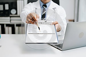 Medicine doctor hand working with modern digital tablet computer interface as medical network concept