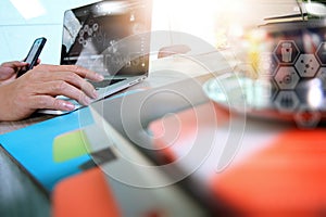 Medicine doctor hand working with modern digital tablet and laptop computer with computer interface as medical network concept