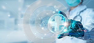 Medicine doctor hold icon health and electronic medical record on interface. Digital healthcare and network connection on hologram