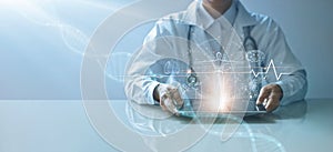 Medicine doctor holding electronic medical record on tablet. DNA. Digital healthcare and network connection on hologram virtual