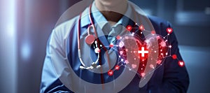 Medicine doctor holding red heart shape with medical icon network