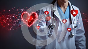 Medicine doctor holding red heart shape with medical icon network