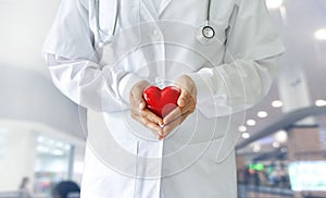 Medicine doctor holding red heart shape, medical techno