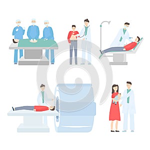 Medicine doctor operate, diagnose, treat patient on hand drawn vector illustration isolated on white.