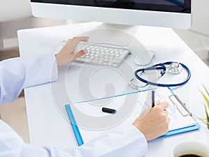 Medicine doctor`s working on desk. Closeup of Stethoscope