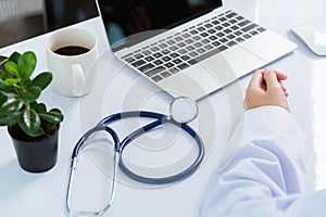 Medicine doctor`s working on desk. Closeup of Stethoscope