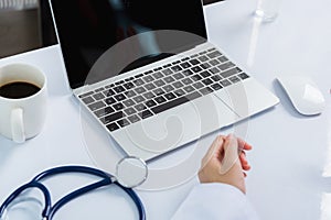 Medicine doctor`s working on desk. Closeup of Stethoscope