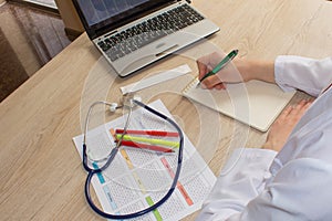 Medicine doctor`s working table. Doctor sits in a medical office in the clinic and writes medical history