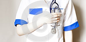 Medicine doctor with stethoscope in hand on hospital background, Medical technology, Healthcare and Medical concept