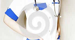 Medicine doctor with stethoscope in hand on hospital background, Medical technology, Healthcare and Medical concept