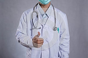 Medicine doctor with stethoscope in hand on white background, Medical technology, Healthcare and Medical concept.