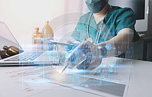 Medicine doctor touching on digital healthcare and network connection with modern virtual screen interface icons on the hospital