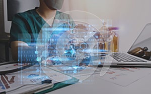 Medicine doctor touching on digital healthcare and network connection with modern virtual screen interface icons on the hospital