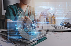 Medicine doctor touching on digital healthcare and network connection with modern virtual screen interface icons on the hospital