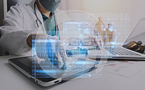 Medicine doctor touching on digital healthcare and network connection with modern virtual screen interface icons on the hospital