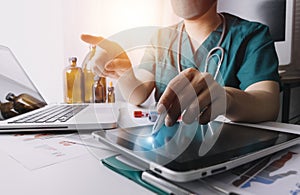 Medicine doctor touching on digital healthcare and network connection with modern virtual screen interface icons on the hospital