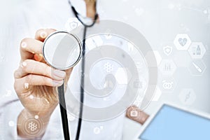 Medicine doctor is using modern computer virtual screen interface, medical technology network concept.