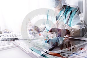 Medicine doctor using tablet with digital medical interface icons, Medical technology and network concept