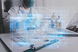 Medicine doctor using tablet with digital medical interface icons, Medical technology and network concept