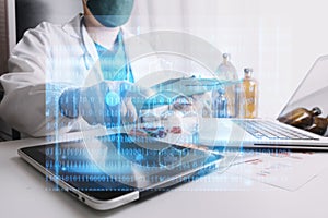 Medicine doctor using tablet with digital medical interface icons, Medical technology and network concept