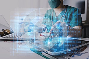 Medicine doctor using tablet with digital medical interface icons, Medical technology and network concept