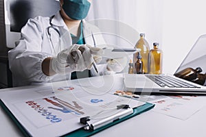 Medicine doctor using tablet with digital medical interface icons, Medical technology and network concept