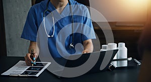 Medicine doctor working with digital medical interface icons on the hospital background, healthcare and Medical technology and