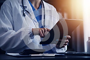 Medicine doctor working with digital medical interface icons on the hospital background, healthcare and Medical technology and