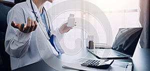 Medicine doctor working with digital medical interface icons on the hospital background, healthcare and Medical technology and