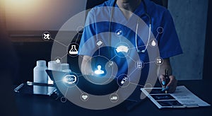 Medicine doctor working with digital medical interface icons on the hospital background, healthcare and Medical technology and