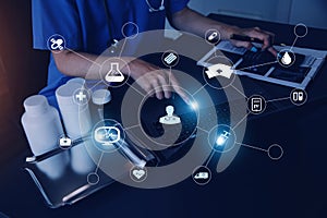 Medicine doctor working with digital medical interface icons on the hospital background, healthcare and Medical technology and