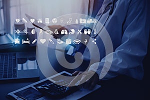 Medicine doctor working with digital medical interface icons on the hospital background, healthcare and Medical technology and