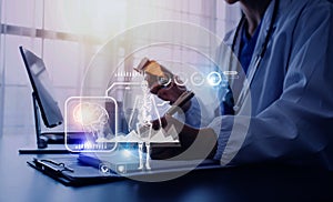 Medicine doctor working with digital medical interface icons on the hospital background, healthcare and Medical technology and