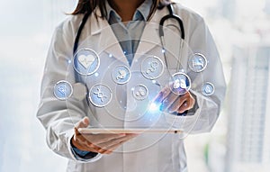 Medicine doctor working and touching on hologram modern virtual screen interface, Healthcare and futuristic technology