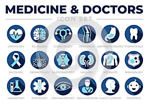 Medicine, Doctors and Healthcare Icon Set of Cardiology, Neurology, Gynecology, Orthopedy, Gastroenterology, Stomatology,Oncology photo
