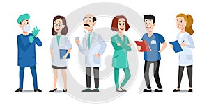 Medicine doctors. Medical physician, hospital nurse and doctor with stethoscope. Medic healthcare workers cartoon vector