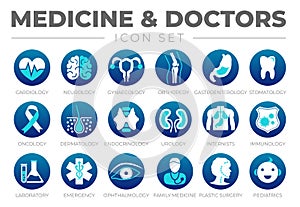 Medicine and Doctors Round Blue Icon Set of Cardiology, Neurology, Gynecology, Orthopedy, Gastroenterology, Stomatology,Oncology, photo