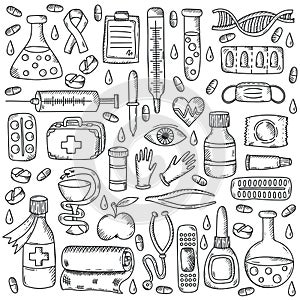 Medicine doodle icons set