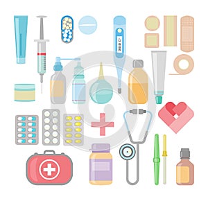 Medicine and drugs icon set in flat style