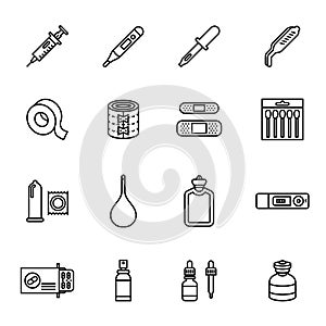 Medicine and drugs icon set. Line style stock vector.