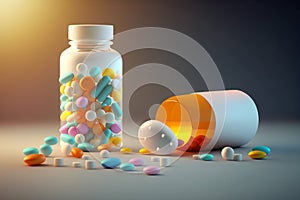 Medicine and drugs. Pill bottle and scattered pills. Medicine and health concept for painless wellness. Generated by ai