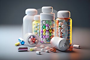 Medicine and drugs. Pill bottle and scattered pills. Medicine and health concept for painless wellness. Generated by ai