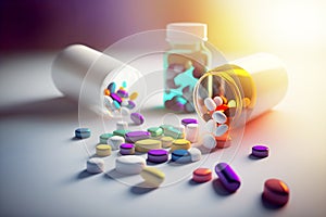 Medicine and drugs. Pill bottle and scattered pills. Medicine and health concept for painless wellness. Generated by ai