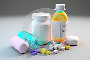 Medicine and drugs. Pill bottle and scattered pills. Medicine and health concept for painless wellness. Generated by ai