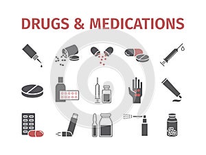 Medicine drugs pills. Medical supplies banner. Vector sign