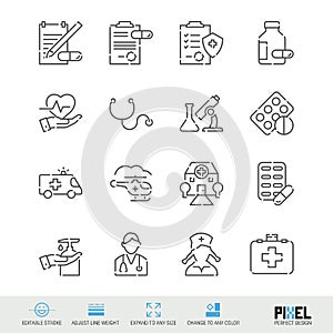 Medicine and drugs related vector line icon set isolated on white