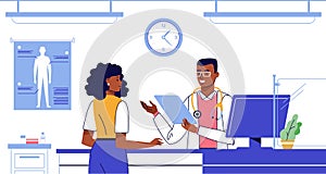 Medicine emergency concept with black doctor and woman patient in flat style on hospital hall background
