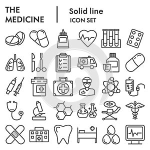 Medicine equipment line icon set. Health care signs collection, sketches, logo illustrations, pharmacy web symbols