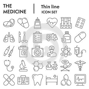 Medicine equipment thin line icon set. Health care signs collection, sketches, logo illustrations, pharmacy web symbols