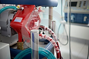 Medicine. Extracorporeal membrane oxygenation. Working ecmo machine in intensive care department. Closeup oxygenator of ECMO